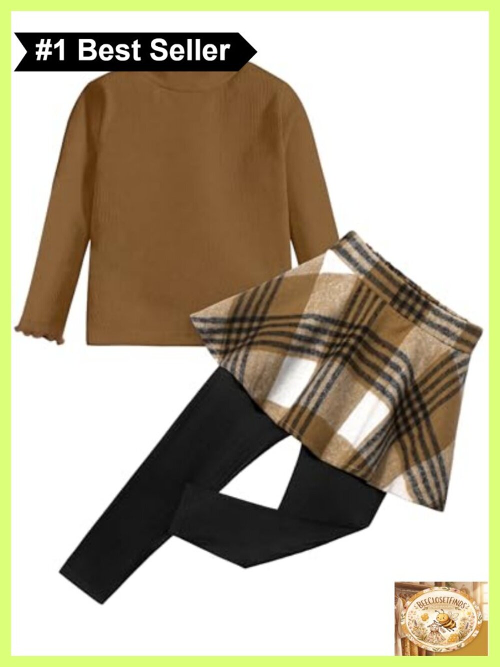 Girls 2 Piece Outfit Long Sleeve Knit Shirt Plaid Skirt Leggings Set